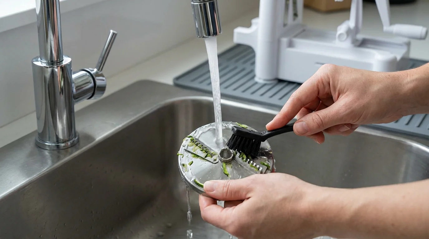 Hands using a small brush to hand-wash a spiralizer blade in a kitchen sink.