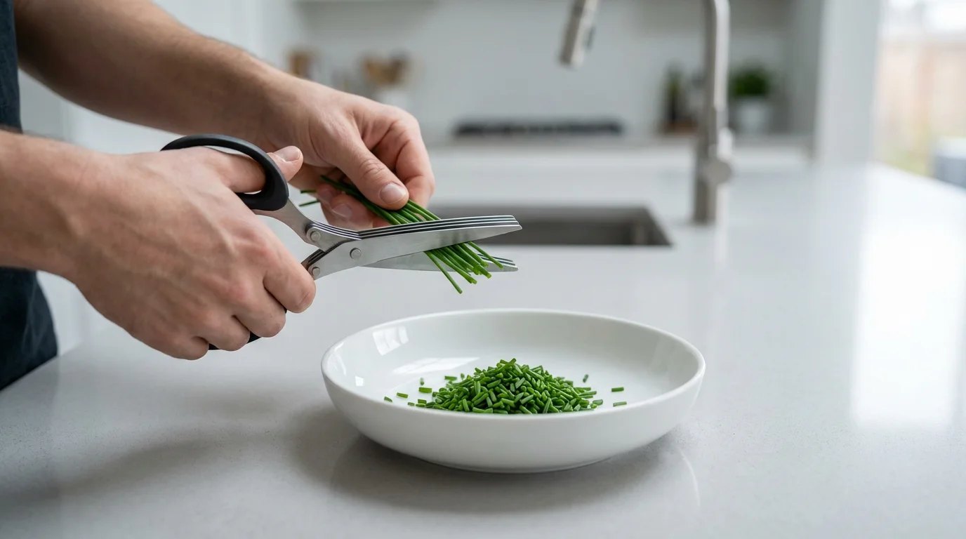 Hands using multi-blade herb scissors to chop fresh chives into a white bowl.