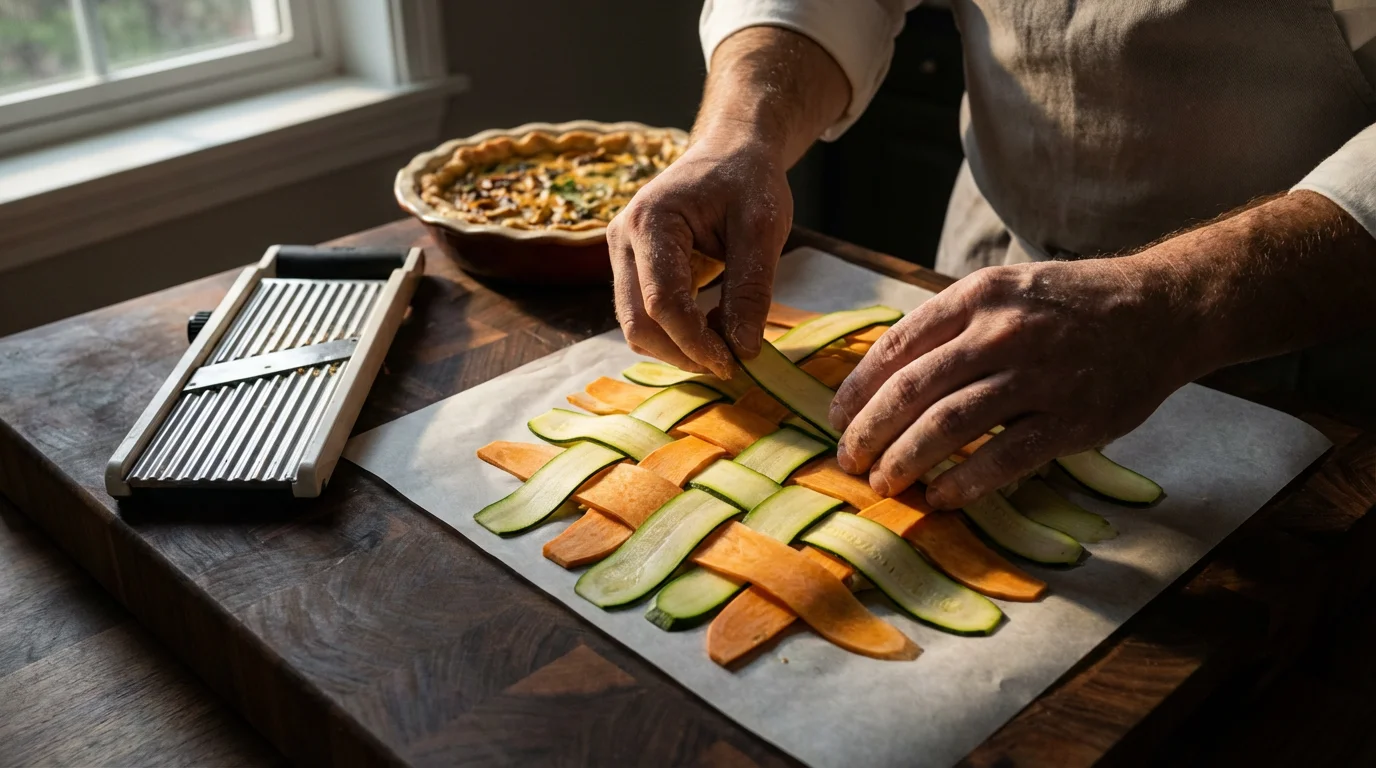Hands weaving a beautiful vegetable lattice from zucchini and sweet potato for a tart.