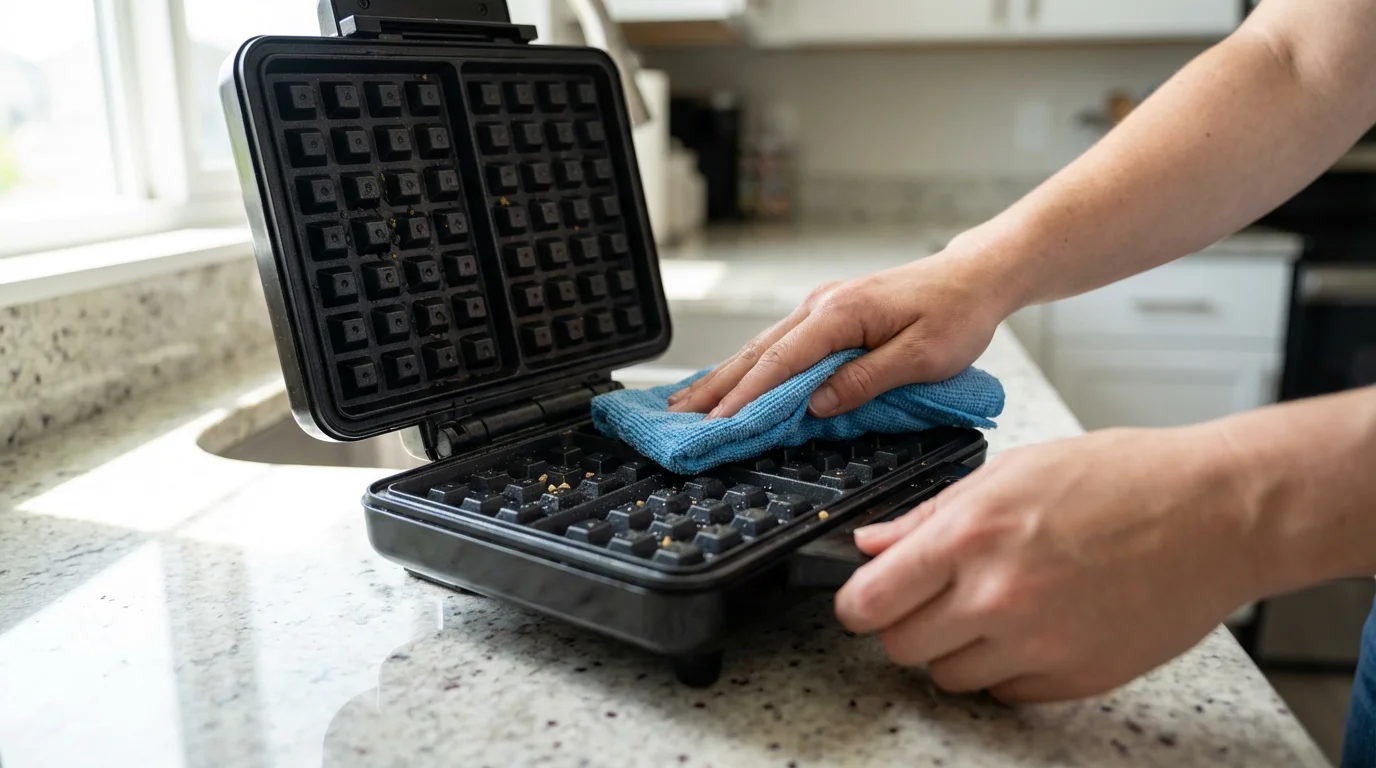 Hands wiping a non-stick classic waffle maker clean on a sunlit kitchen counter.