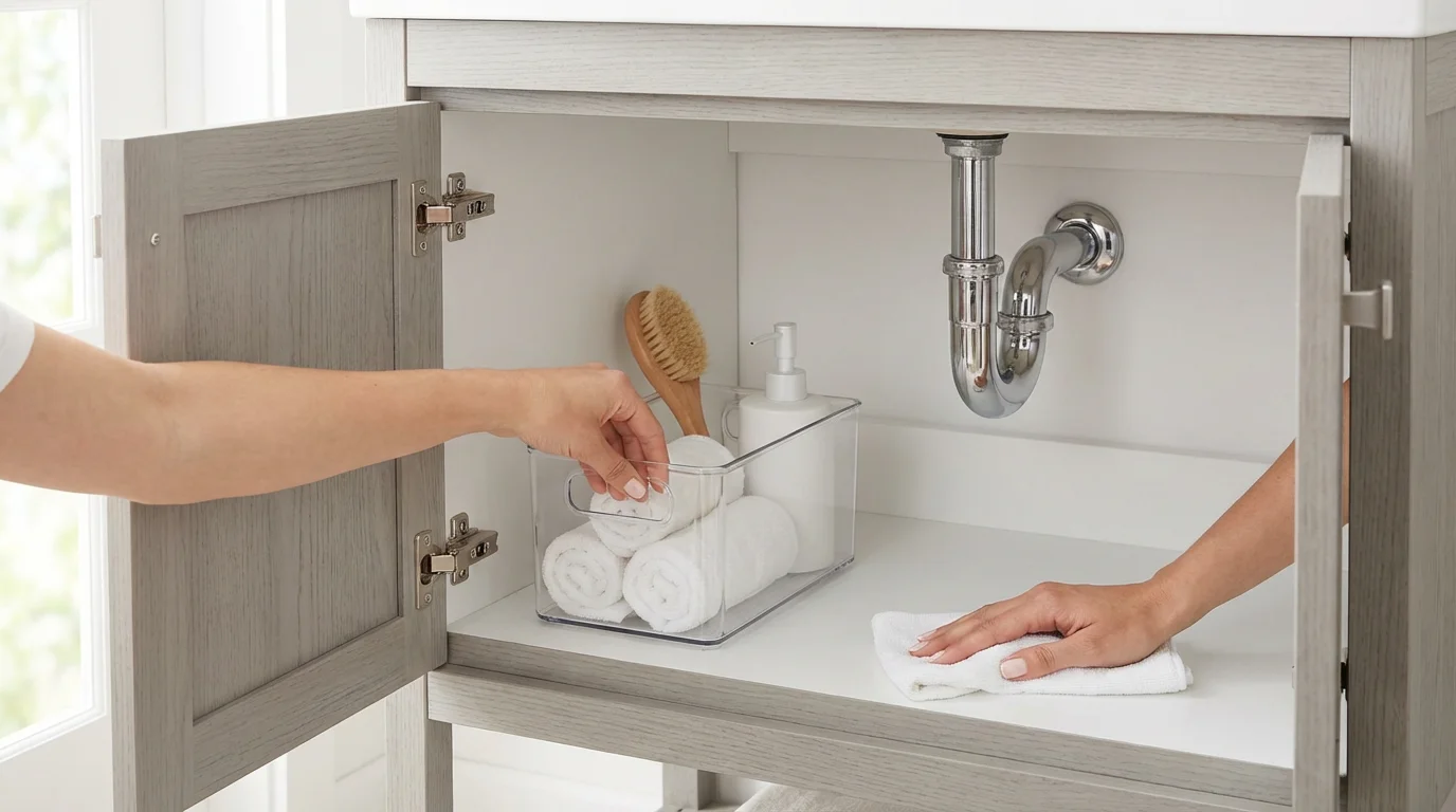 Hands wiping a shelf inside a neatly organized under-sink bathroom cabinet with acrylic bins.