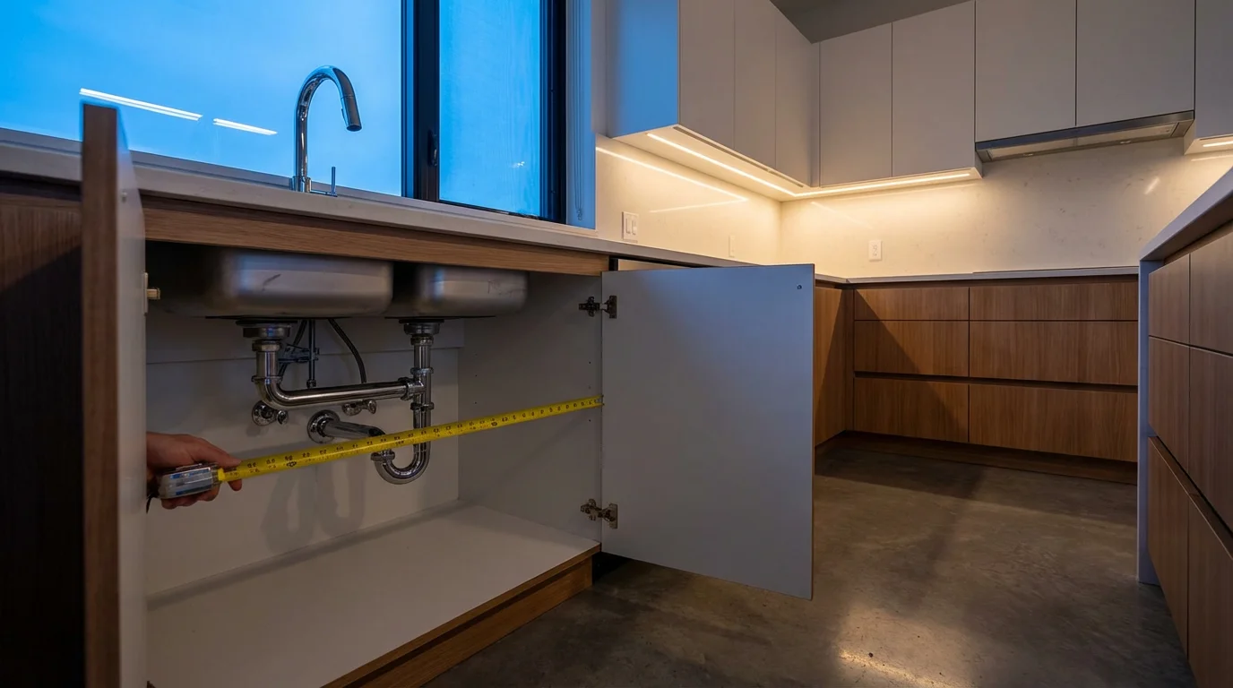 Hands with a tape measure inside an empty under-sink kitchen cabinet during twilight.