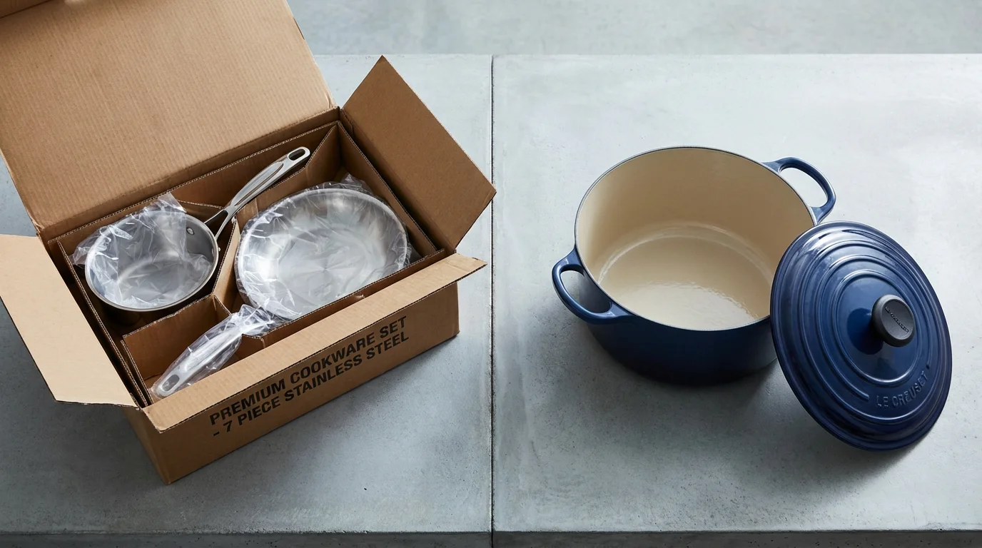 High angle flat lay of a boxed cookware set beside a large individual stockpot.