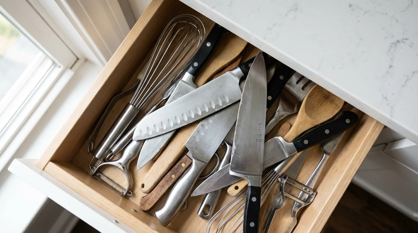 High angle flat lay of a cluttered kitchen drawer with unprotected knives mixed with utensils.