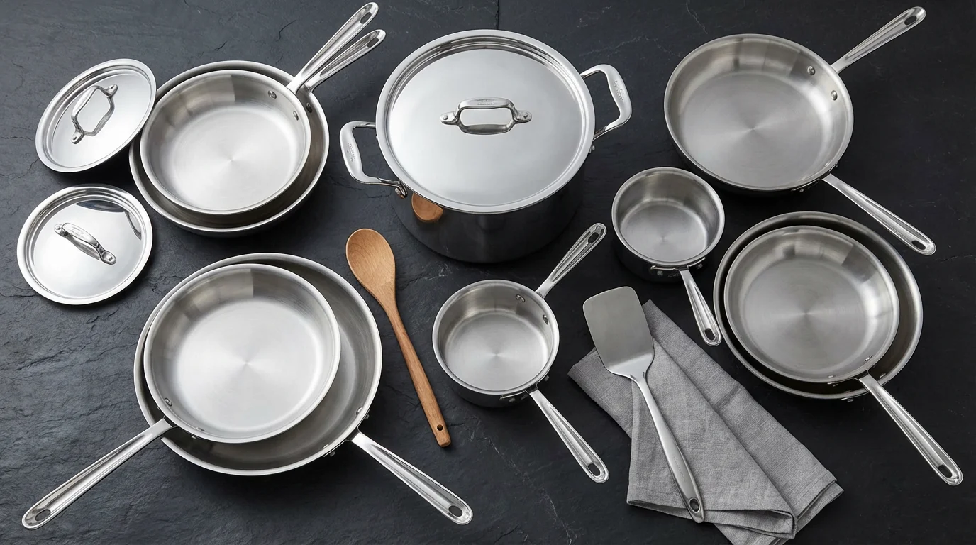 High angle flat lay of a complete stainless steel cookware set on a dark slate surface.
