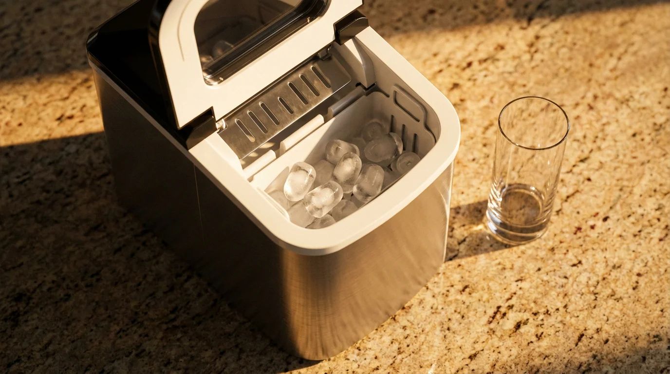 High-angle flat lay of a countertop ice maker with the first fresh batch of ice.