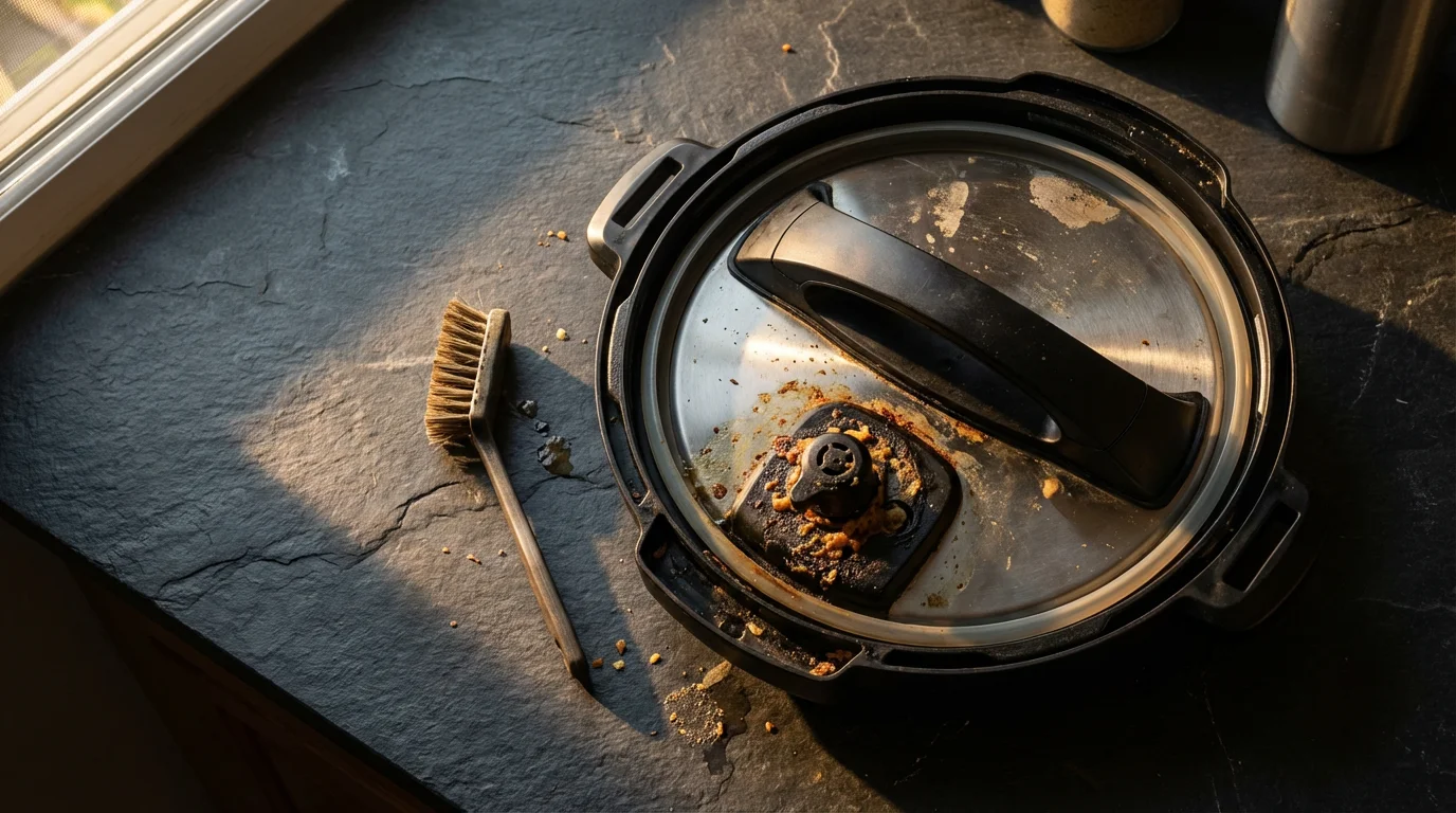 High angle flat lay of a dirty electric pressure cooker lid and cleaning brush.