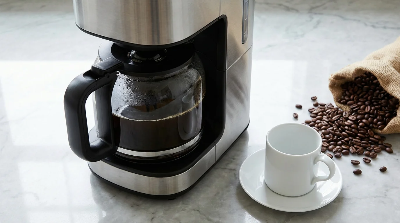 High angle flat lay of a modern drip coffee maker with coffee beans and mug.