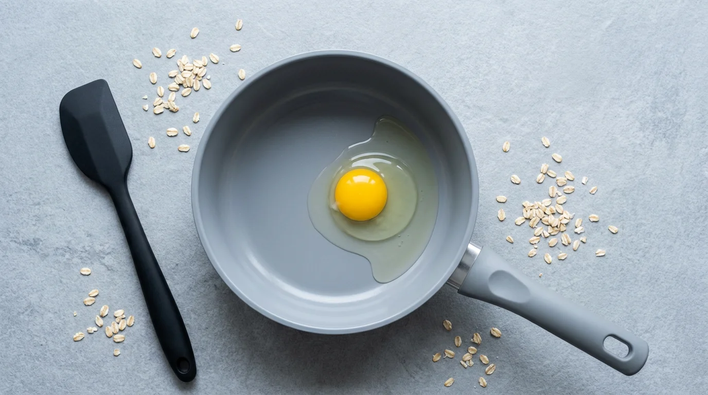 High angle flat lay of a non-stick saucepan with a raw egg inside.