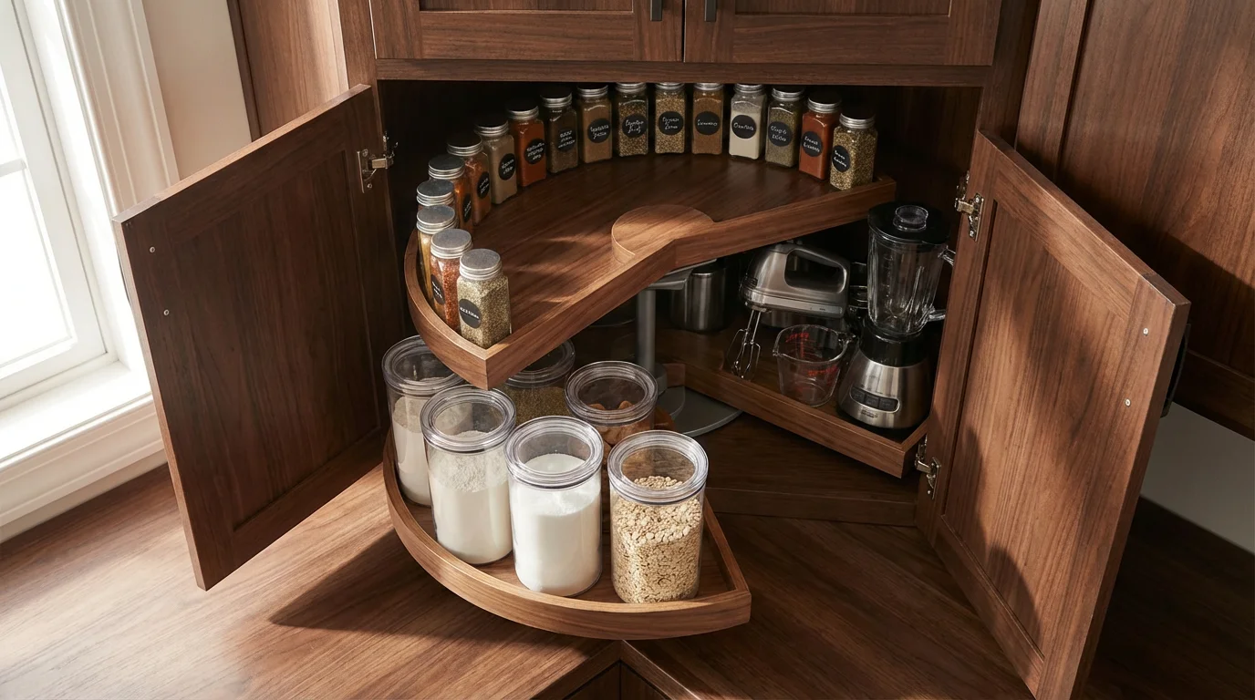 High angle flat lay of a perfectly organized wooden lazy susan in a corner cabinet.