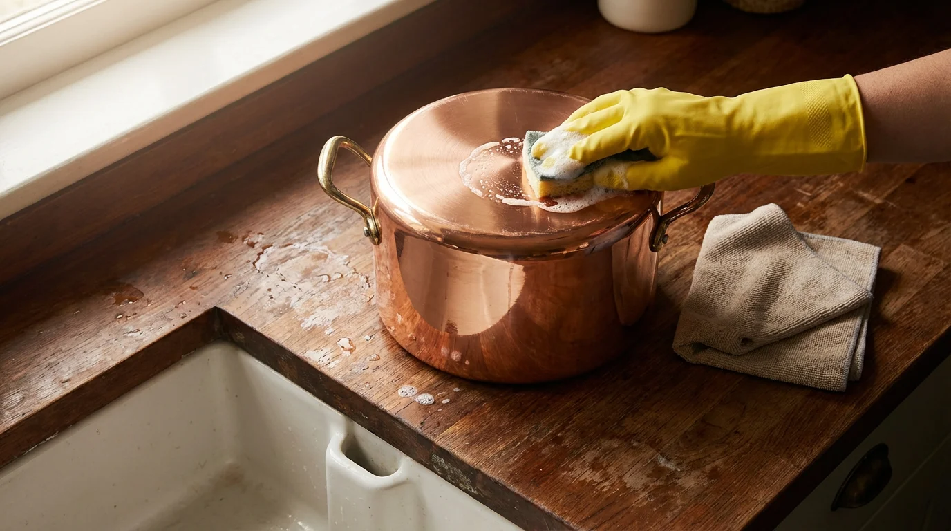High angle flat lay of a person in a rubber glove cleaning a copper stockpot.