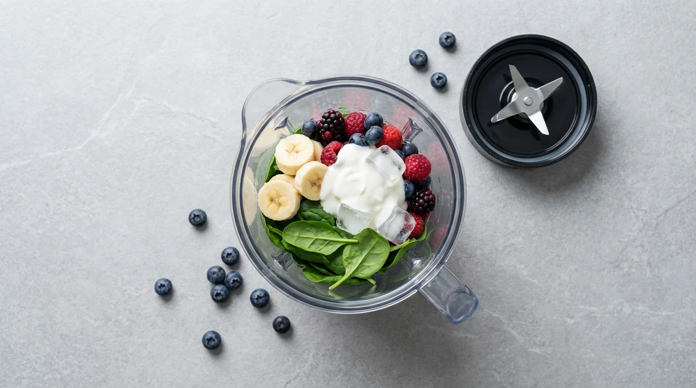 High angle flat lay of a personal blender pitcher filled with fresh smoothie ingredients.