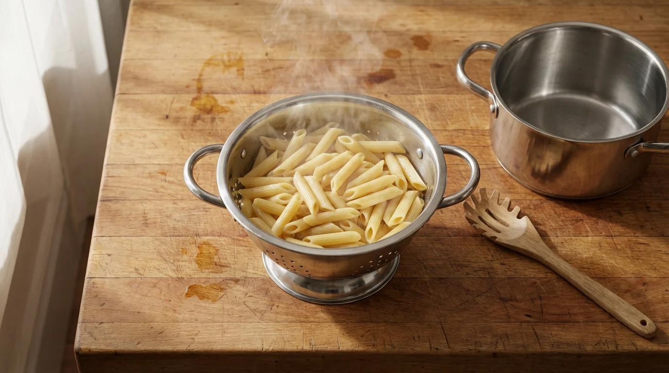 High angle flat lay of a stainless steel colander filled with freshly drained pasta.