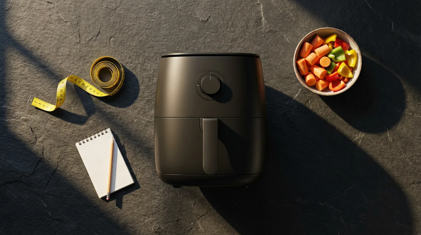 High angle flat lay of an air fryer with a tape measure, notepad, and vegetables.