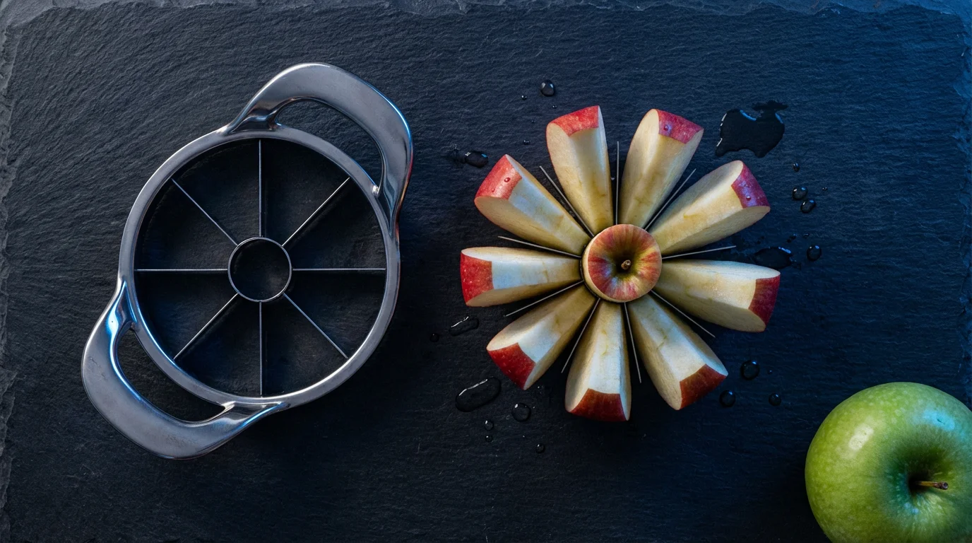 High angle flat lay of an apple slicer with perfectly cut apple wedges.