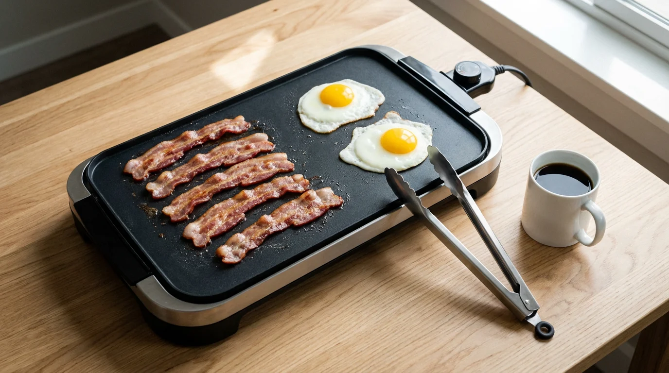 High angle flat lay of an electric griddle cooking a breakfast of bacon and eggs.