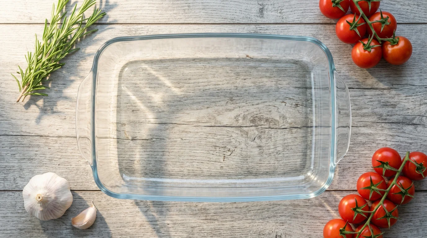 High angle flat lay of an empty glass casserole dish with fresh culinary ingredients.