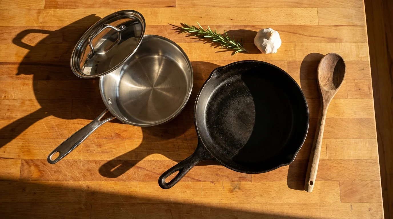 High-angle flat lay of an essential budget cookware set on a wooden countertop.