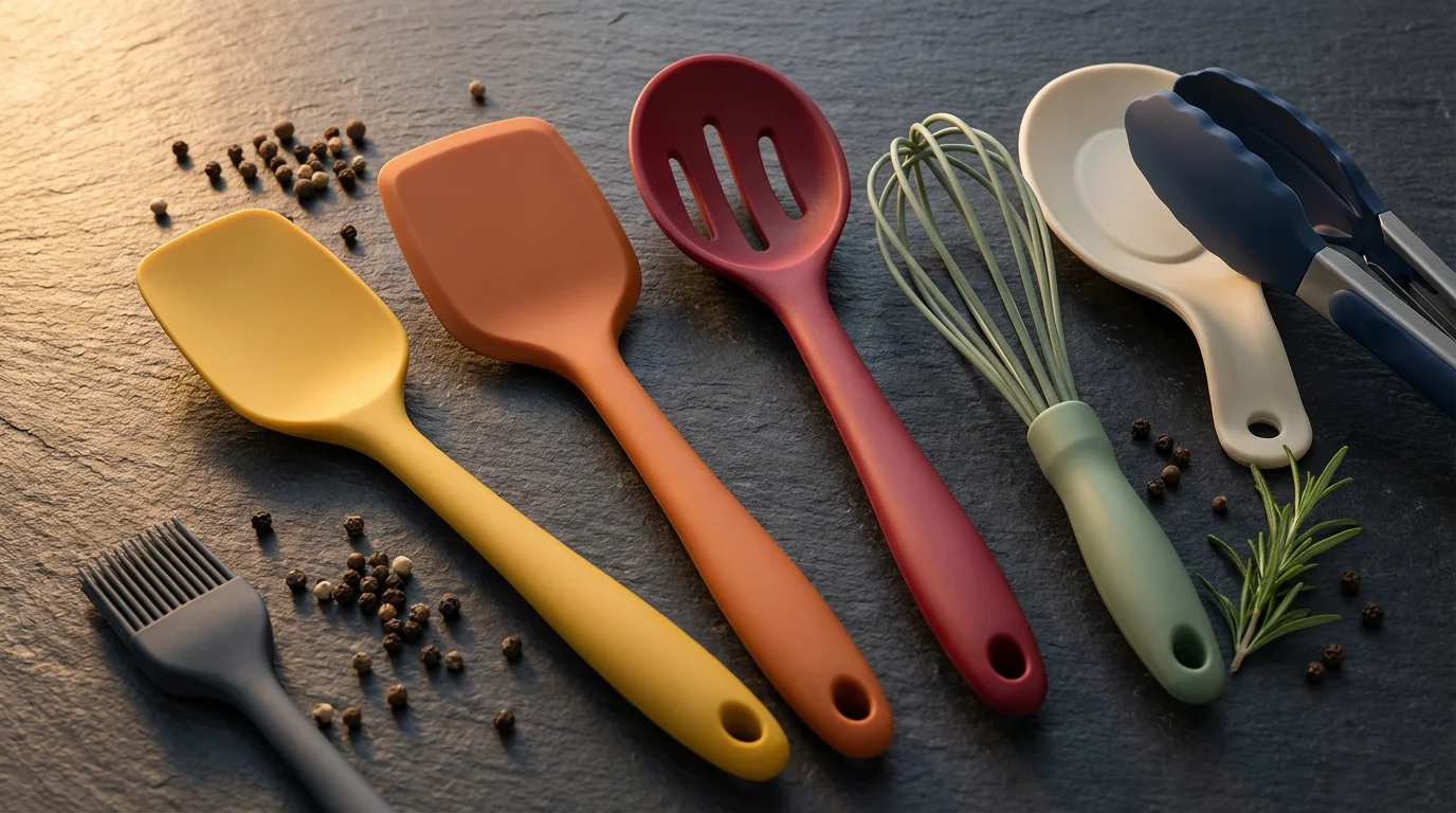 High angle flat lay of colorful silicone kitchen utensils on a dark slate board.