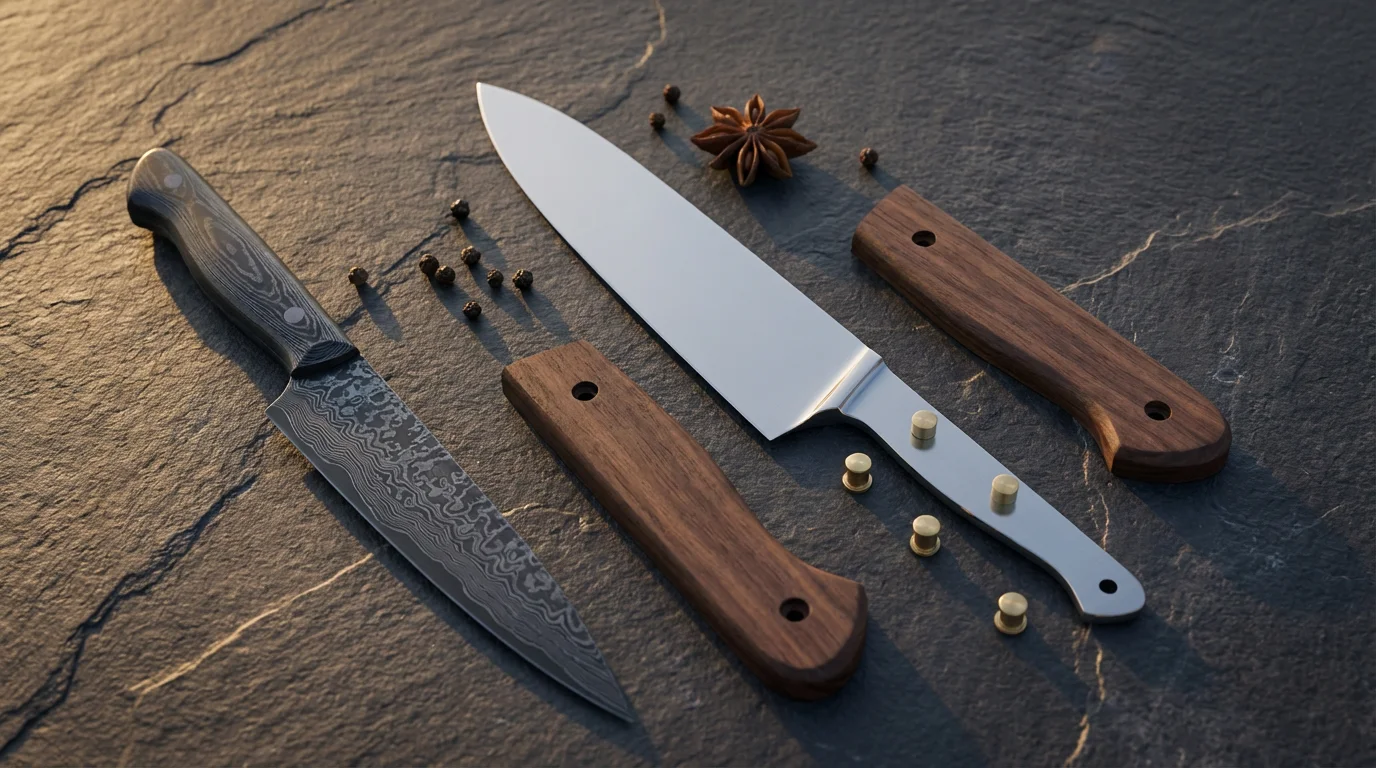 High angle flat lay of disassembled kitchen knife components showing blade, tang, and handles.