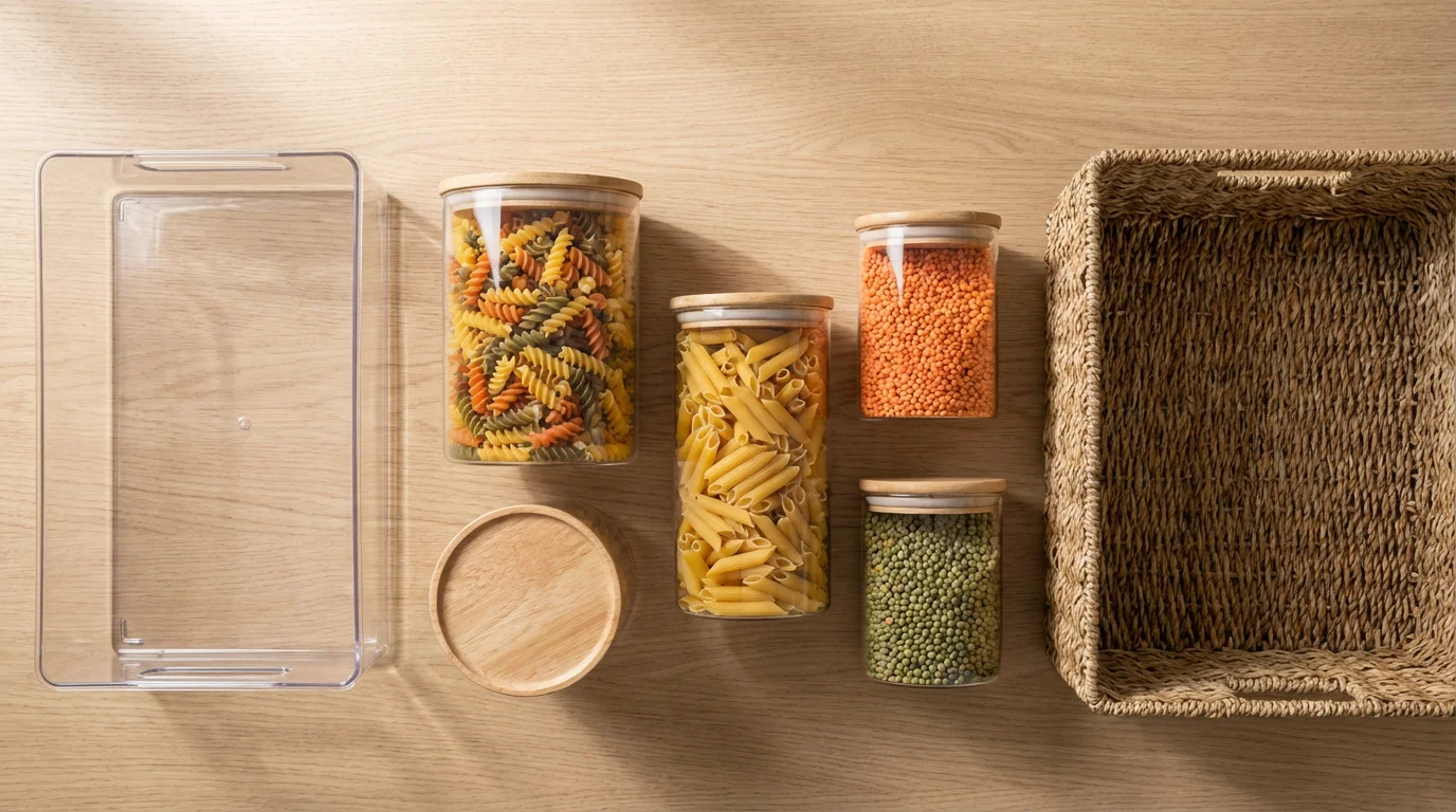 High angle flat lay of glass jars, an acrylic bin, and a woven basket for pantry organization.
