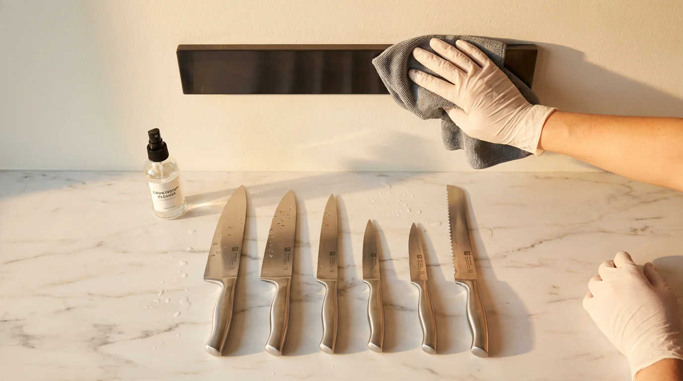 High angle flat lay of hands cleaning a magnetic knife strip in a kitchen.