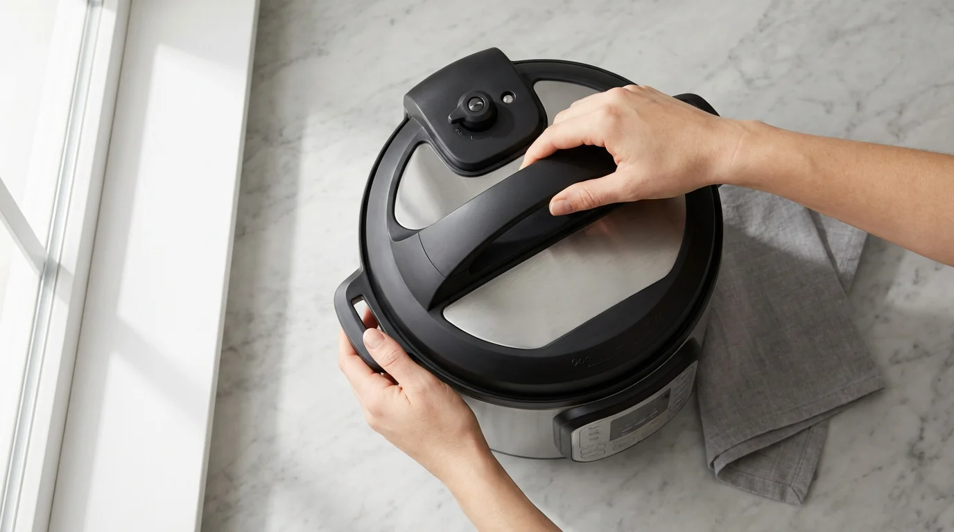 High angle flat lay of hands safely twisting the lid of an electric pressure cooker.