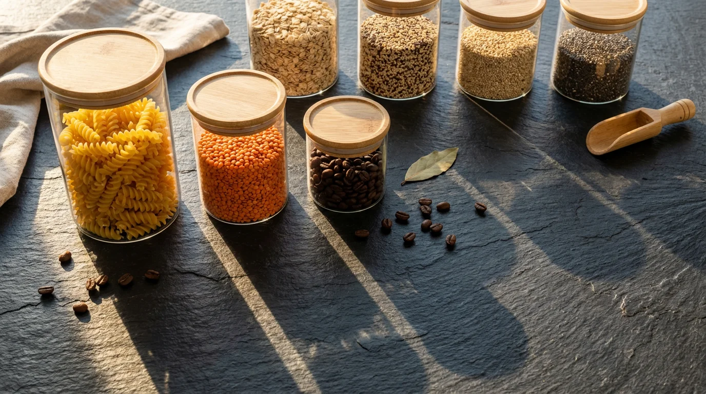 High-angle flat lay of organized glass pantry jars with bamboo lids on a dark slate surface.