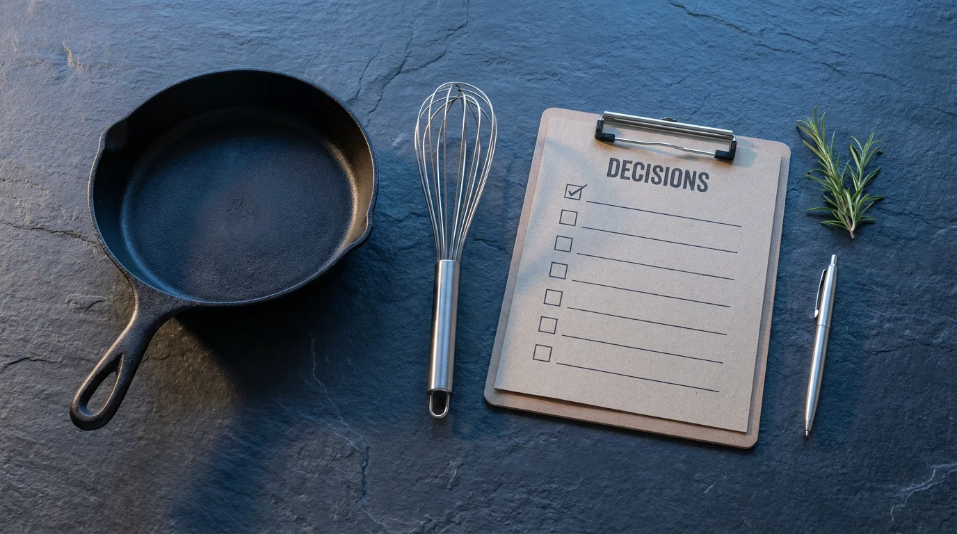 High angle flat lay of quality kitchen tools, a cast-iron skillet, and a checklist.