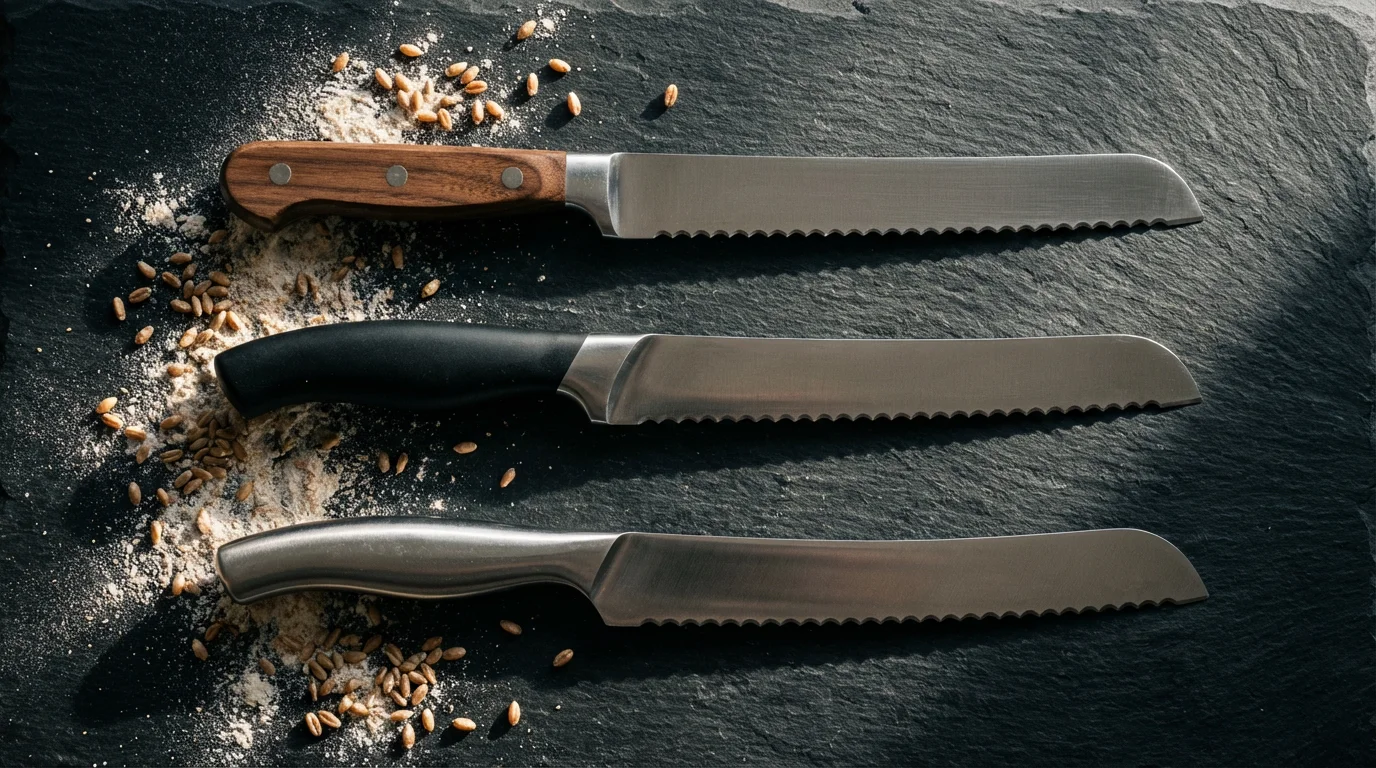 High-angle flat lay of three different bread knives with varied handles on a dark slate surface.