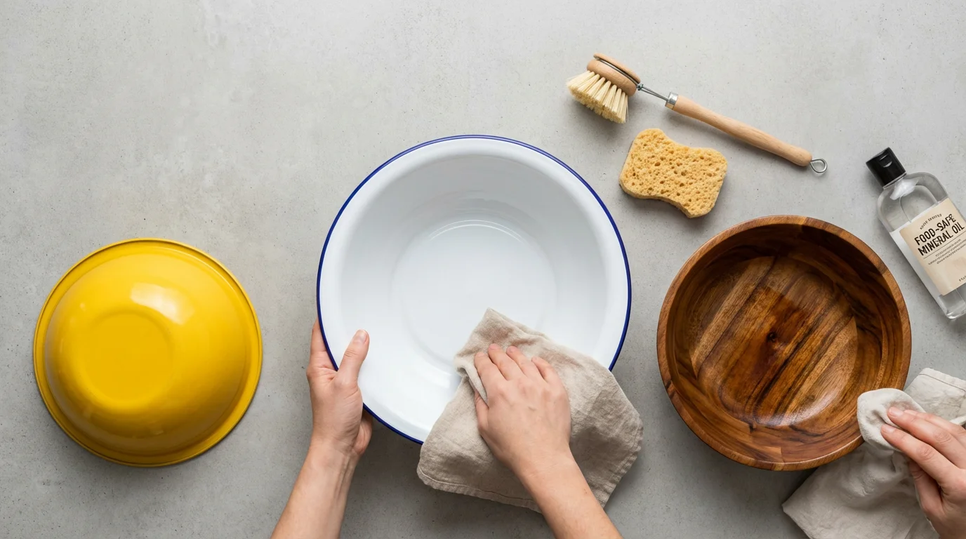 High angle flat lay of various mixing bowls being cleaned and maintained on a countertop.