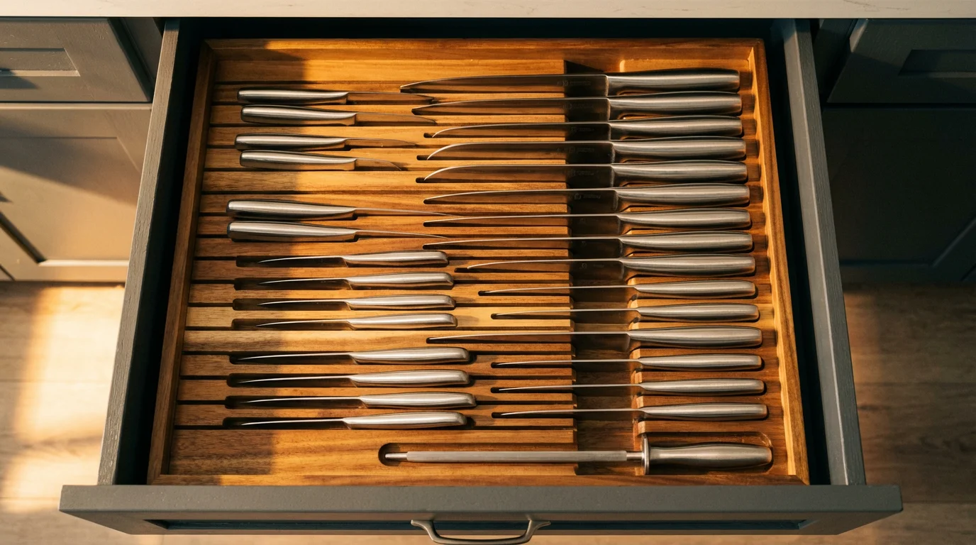 High angle shot of an open kitchen drawer with a wooden knife organizer.