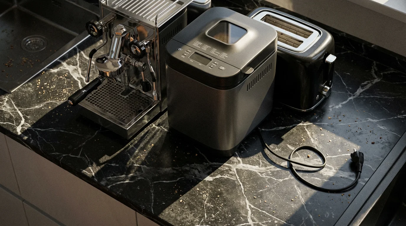 High angle view of a bread machine squeezed between other appliances on a kitchen counter.