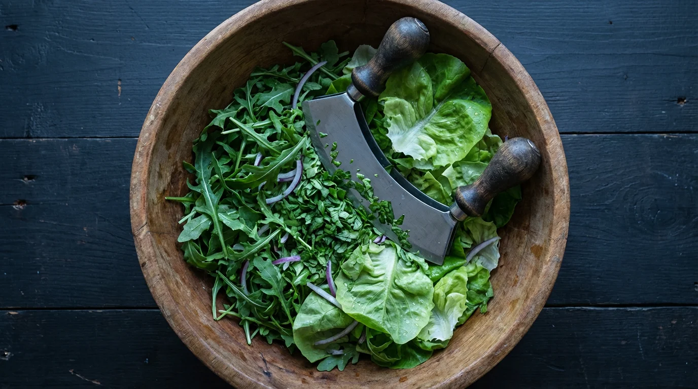 High angle view of a double-bladed mezzaluna chopping salad greens in a wooden bowl.