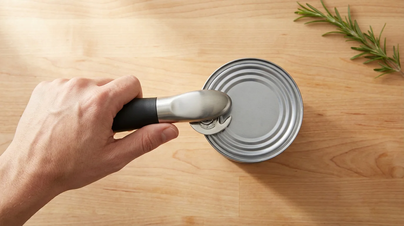 High angle view of a hand comfortably using an ergonomic can opener on a kitchen counter.