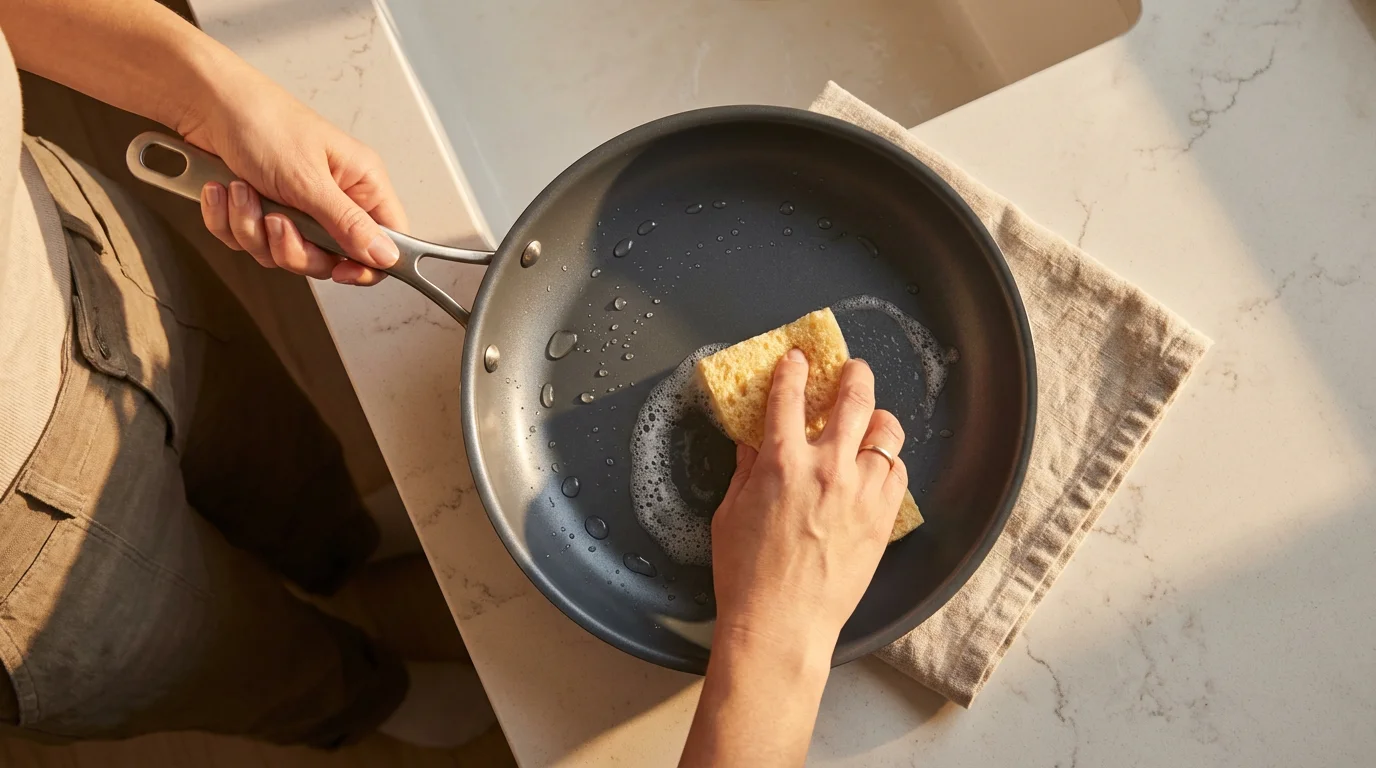High angle view of hands gently washing a non-stick pan during golden hour.
