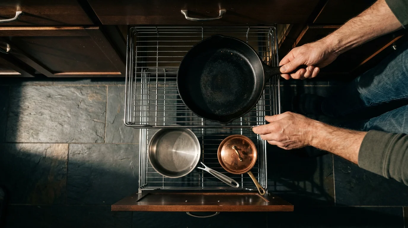 High angle view of hands organizing pots and pans in a pull-out cabinet organizer.