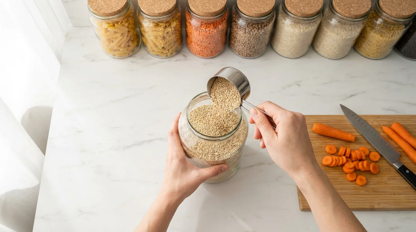 High angle view of hands pouring quinoa into a glass storage jar on a tidy kitchen counter.