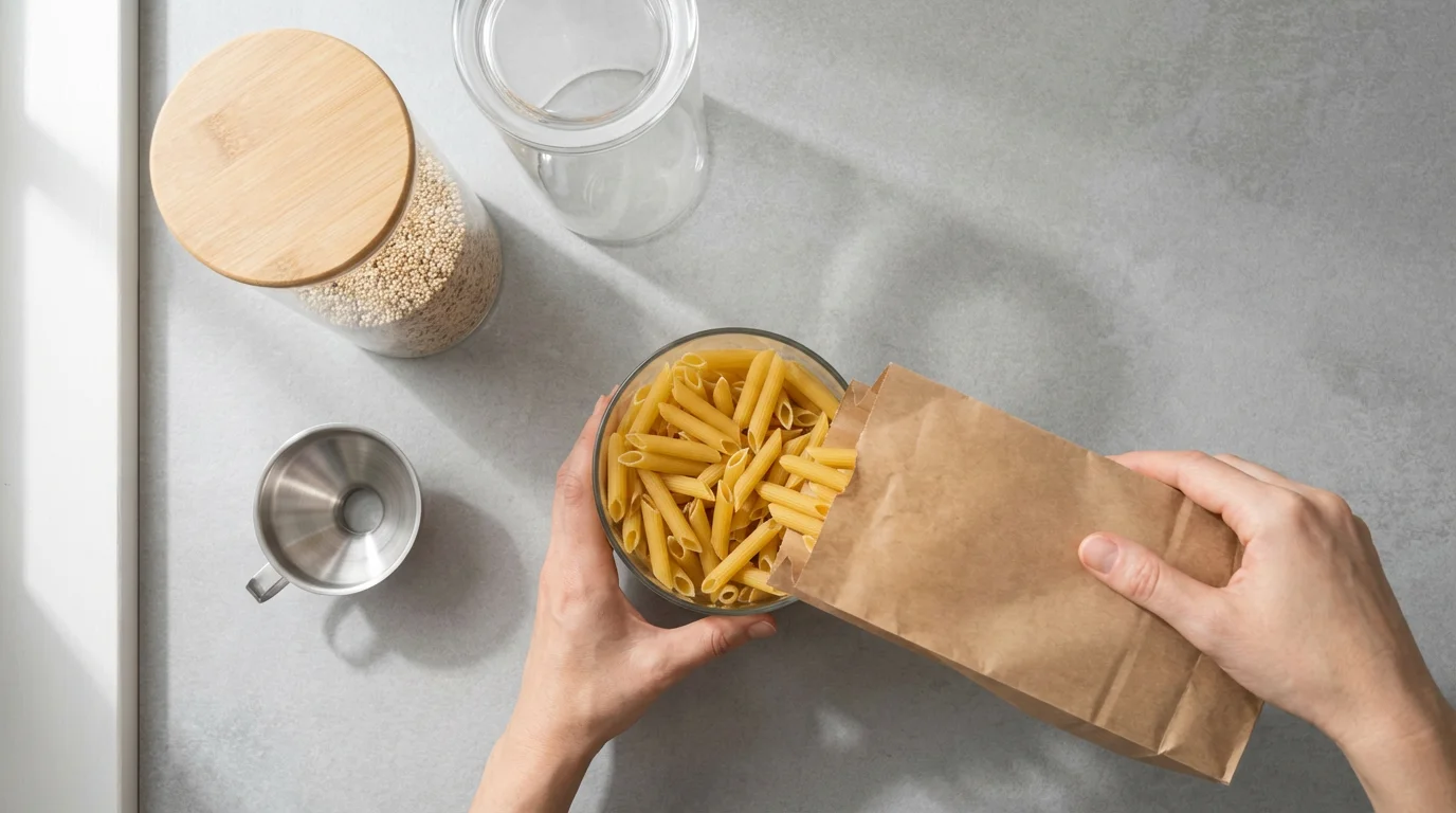 High angle view of hands refilling glass pantry jars on a slate countertop.