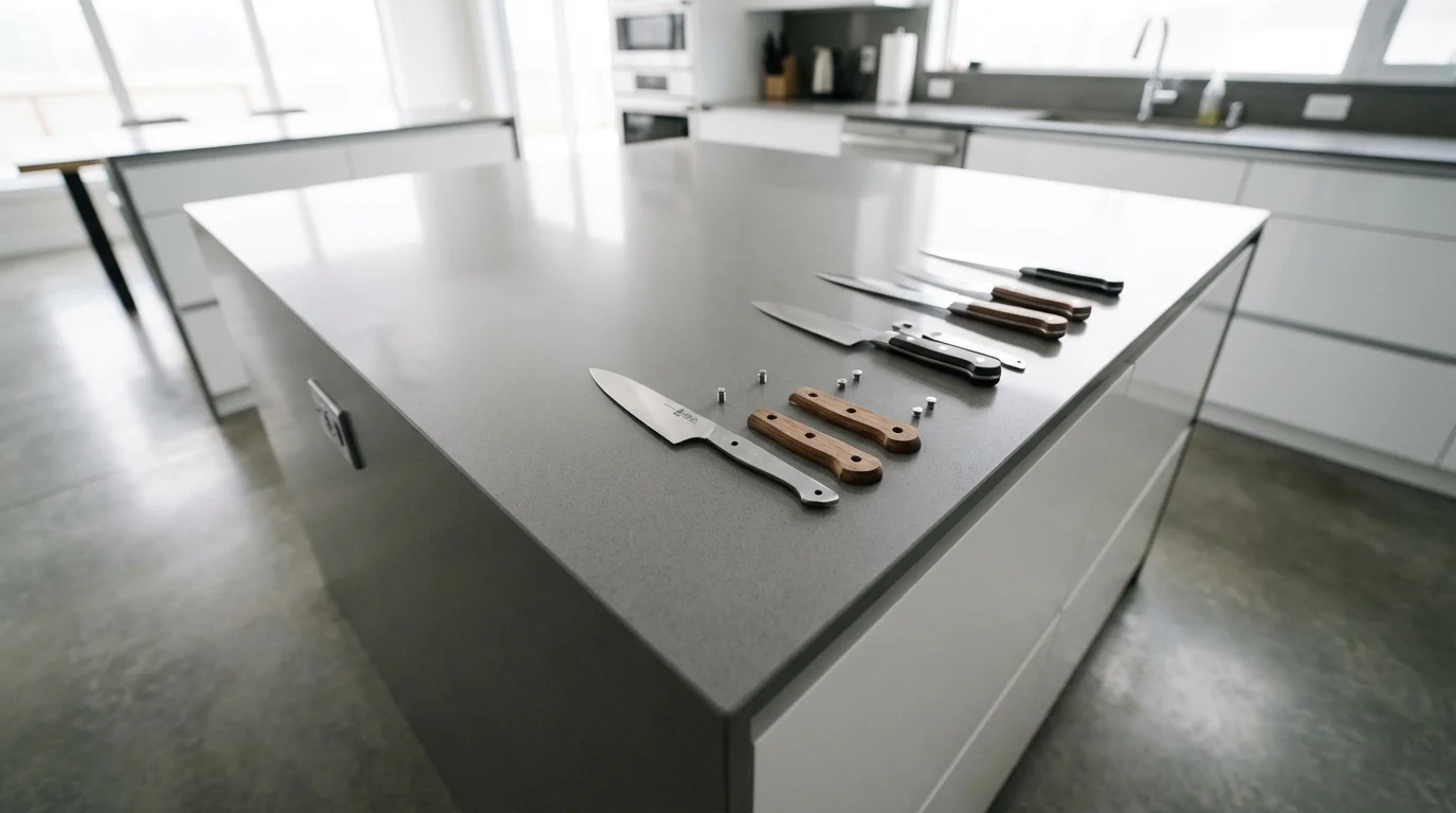 High-end paring knives disassembled to show their anatomical components on a modern kitchen island.