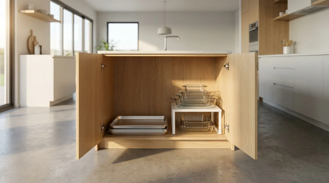 Horizontally stacked bakeware with a shelf riser inside an open, modern kitchen cabinet.