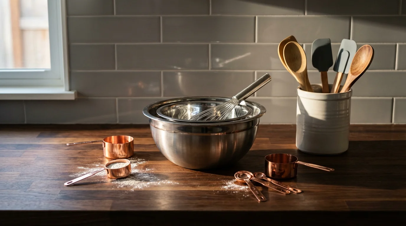 Kitchen prep tools including mixing bowls, measuring cups, and utensils on a counter.