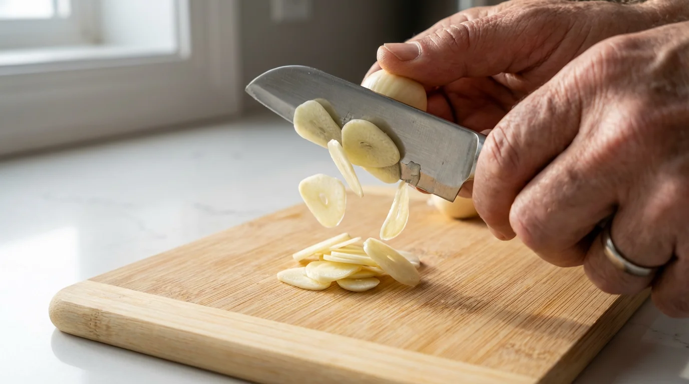 Low angle close-up of a hand using a garlic slicer making paper-thin slices.