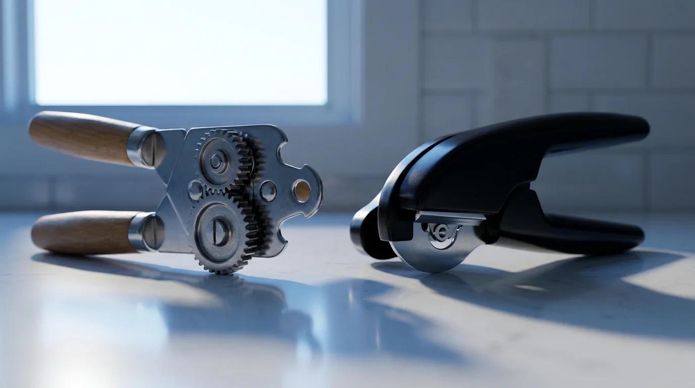 Low angle editorial photo of a top-cut and a side-cut can opener at dusk.