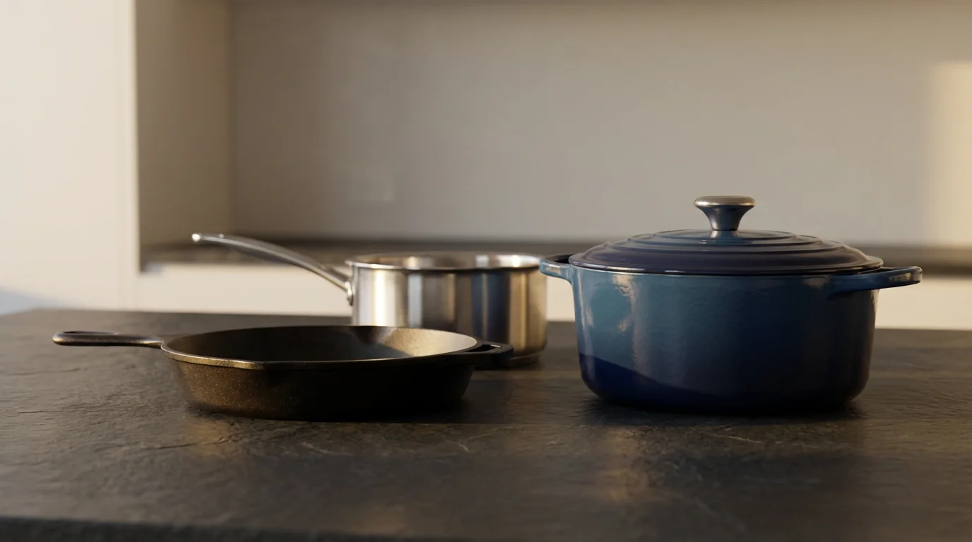 Low angle photo of a cast-iron skillet, saucepan, and Dutch oven on a counter during golden hour.