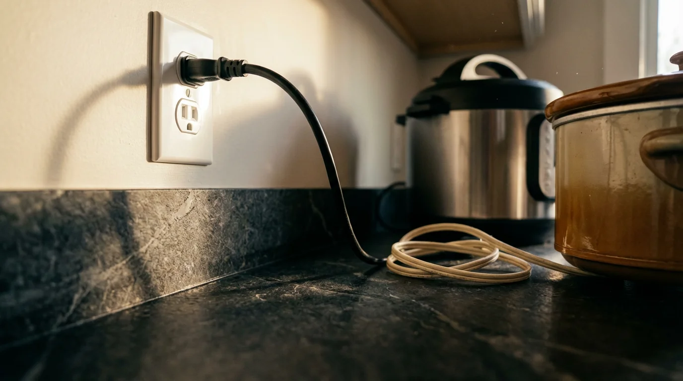 Low angle photo of an electrical outlet with one appliance plugged in, symbolizing energy efficiency.
