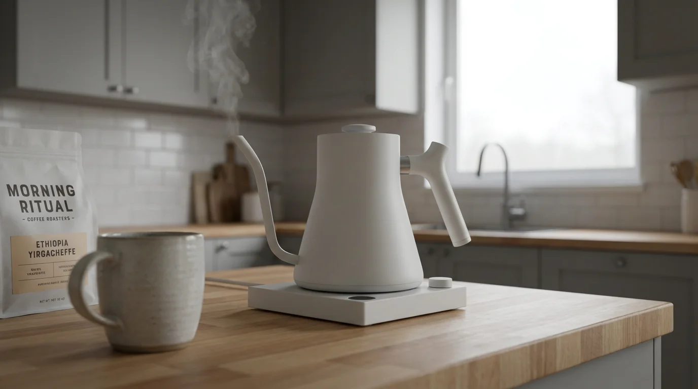 Low angle photograph of a modern white gooseneck electric kettle on a kitchen counter.