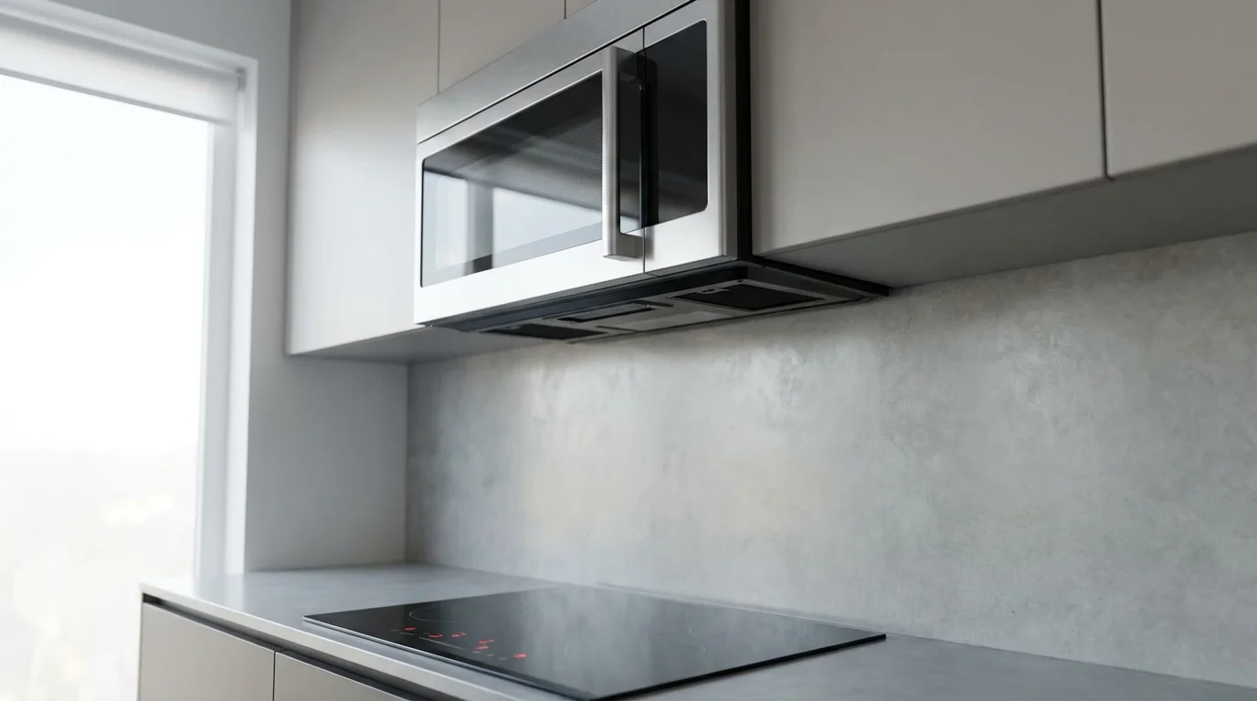 Low angle photograph of a sleek, stainless steel over-the-range microwave in a modern kitchen.