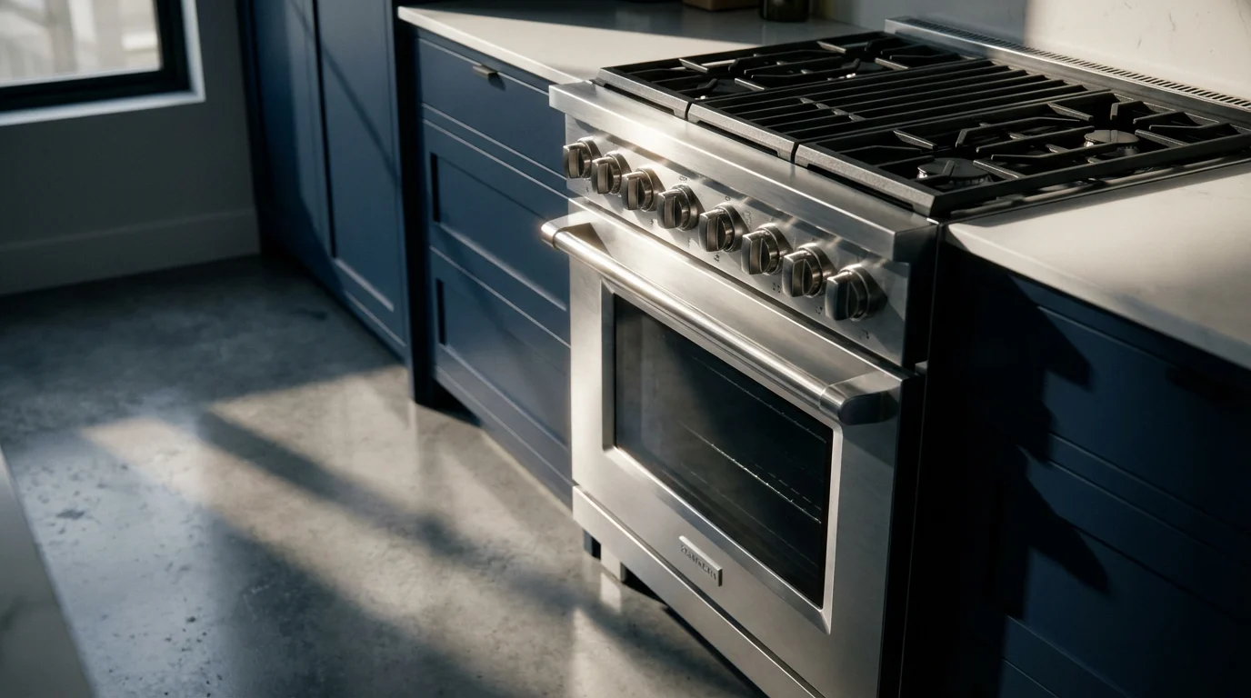 Low angle photograph of a stainless steel oven and range in a modern kitchen.