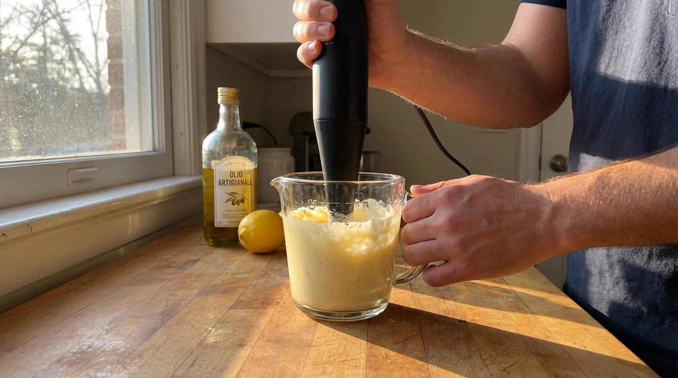 Low angle photograph of an immersion blender making fresh mayonnaise in a tall glass cup.